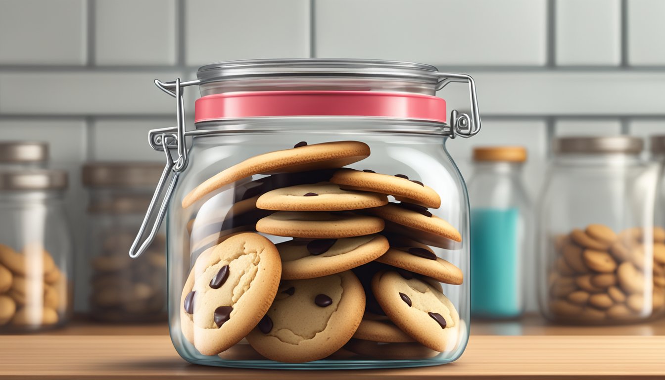 A glass jar filled with gluten-free cookies sealed with a lid, placed on a kitchen counter