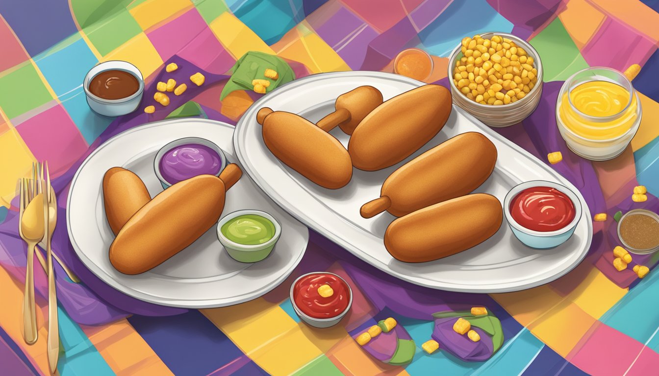 A plate of gluten-free corn dogs with condiments, surrounded by colorful napkins and a festive table setting