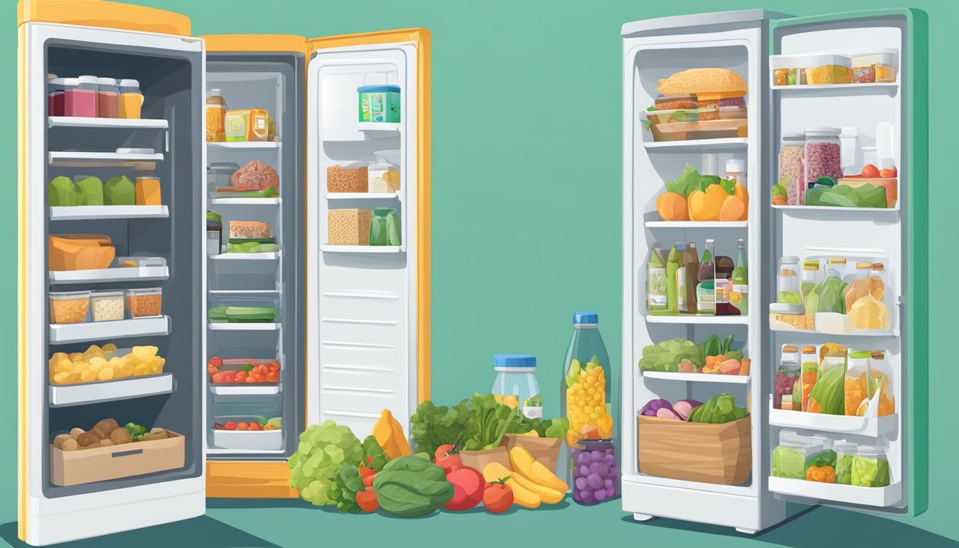 A colorful community fridge surrounded by diverse food items, with people from the local community coming together to share and donate