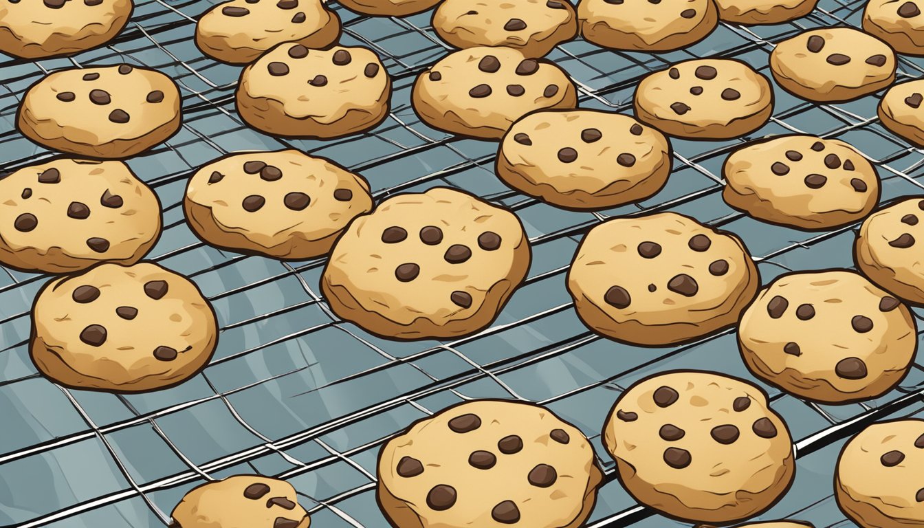 A batch of gluten-free cookies cooling on a wire rack, with a few already missing from the plate