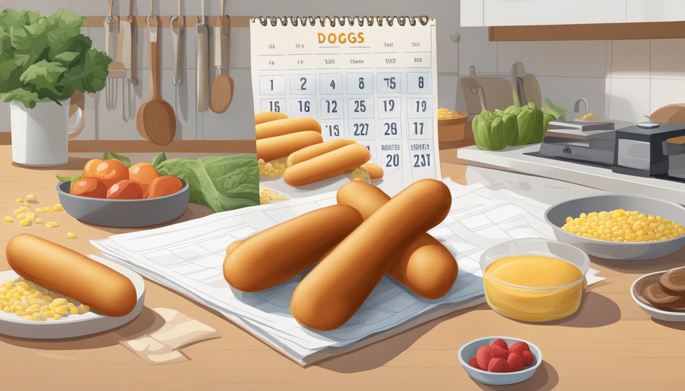 A pack of gluten-free corn dogs sits on a kitchen counter, surrounded by fresh ingredients and a calendar with the date circled