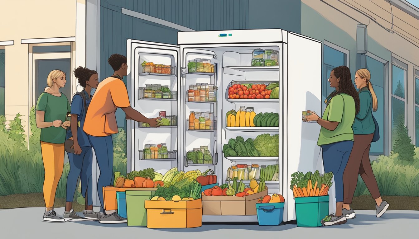 A diverse group of volunteers stocks a colorful, outdoor community fridge with fresh produce and packaged goods in Renton, WA