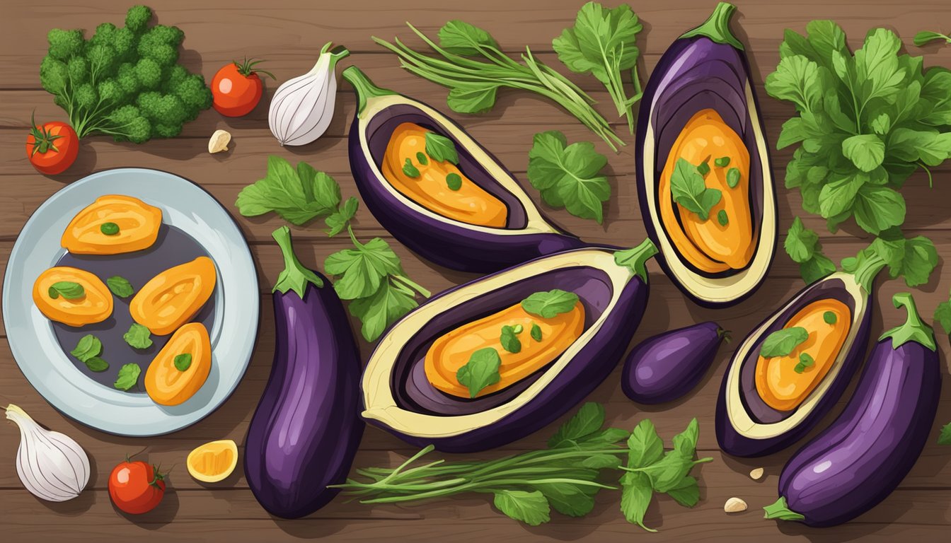 A colorful array of gluten-free eggplant boats arranged on a rustic wooden table, surrounded by fresh herbs and vibrant vegetables