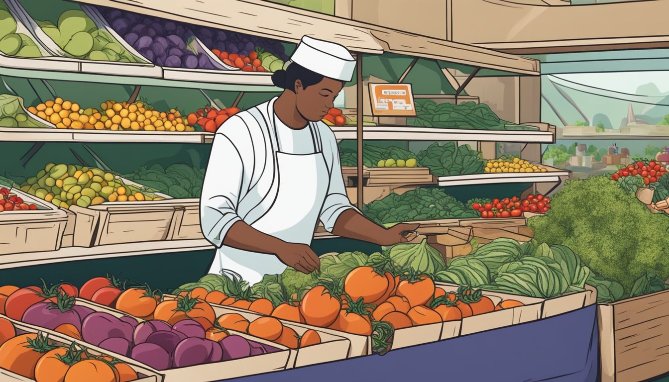 A person selecting fresh eggplant, tomatoes, and other gluten-free ingredients from a market display