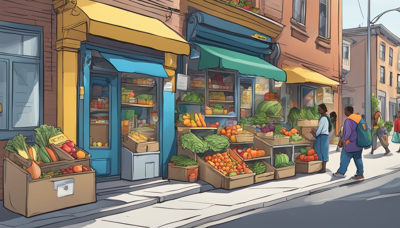 A bustling street corner with a colorful, graffiti-covered refrigerator filled with fresh produce and pantry items. People come and go, leaving donations and taking what they need