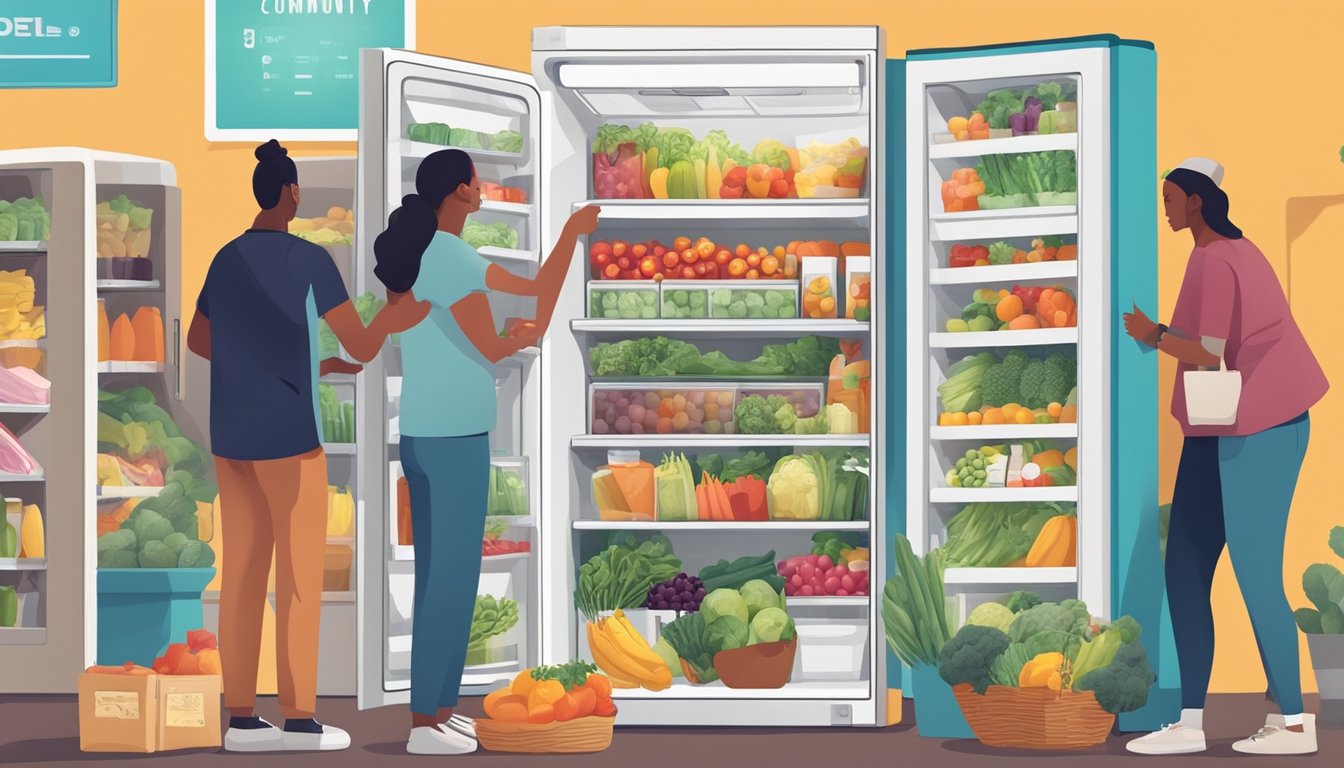 A colorful community fridge filled with fresh produce and packaged goods, surrounded by a diverse group of people exchanging food items