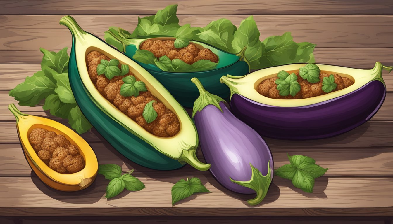 A colorful array of fresh eggplant boats filled with a variety of nutritious gluten-free ingredients, sitting on a rustic wooden table