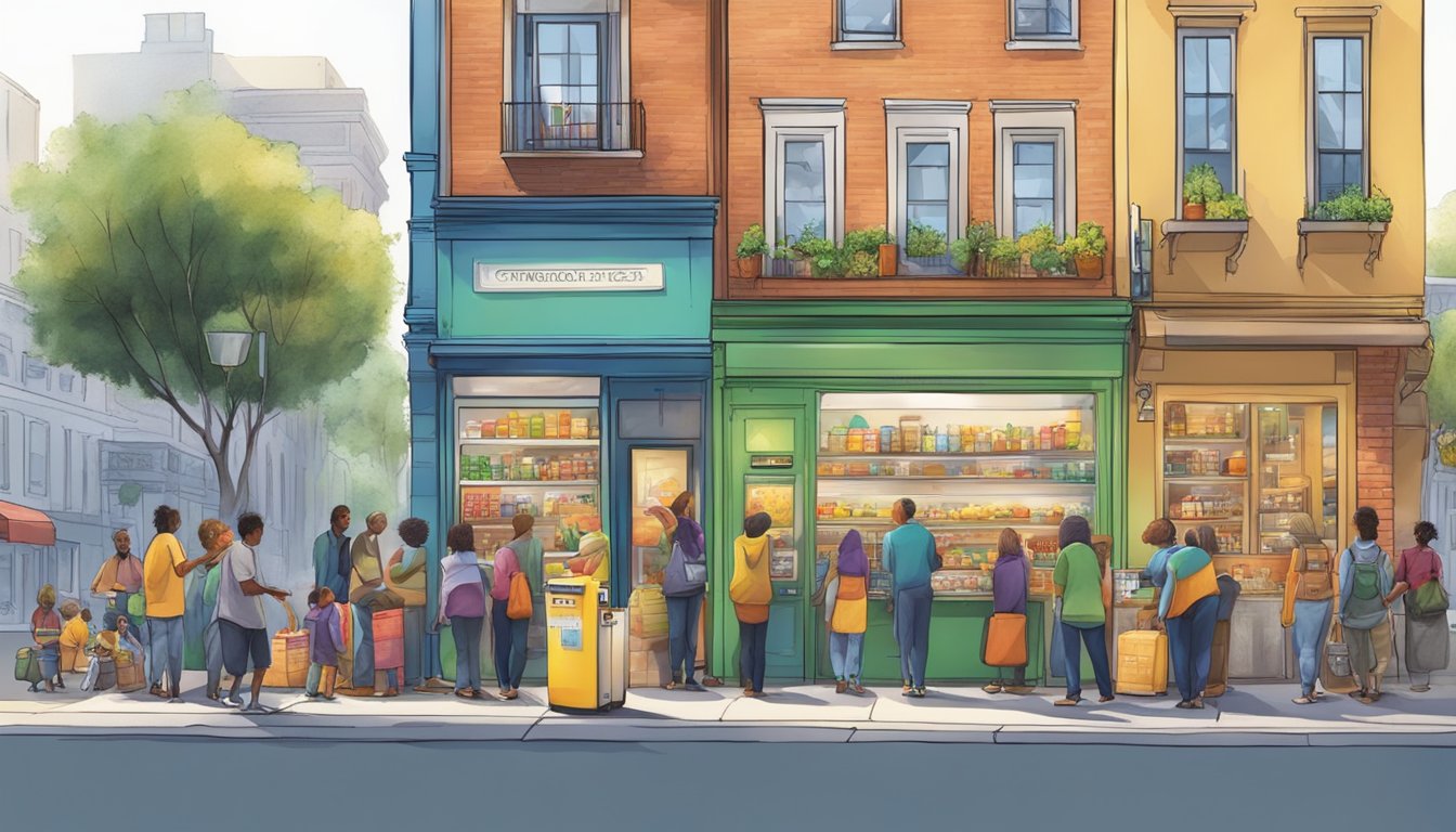 A vibrant, bustling street corner with a colorful community fridge surrounded by diverse individuals donating and taking food items