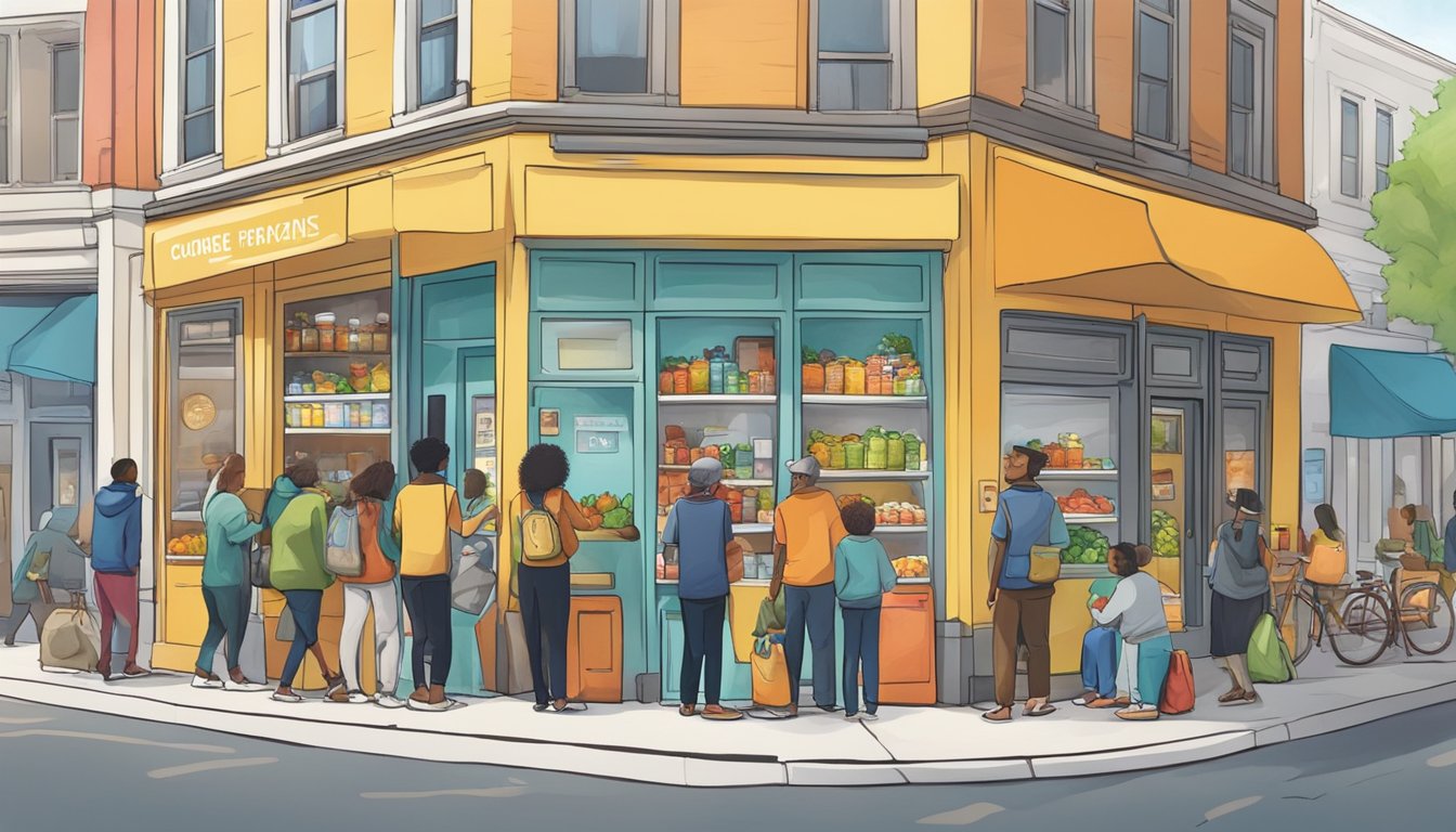 A bustling street corner with a colorful, inviting community fridge surrounded by people donating and taking food