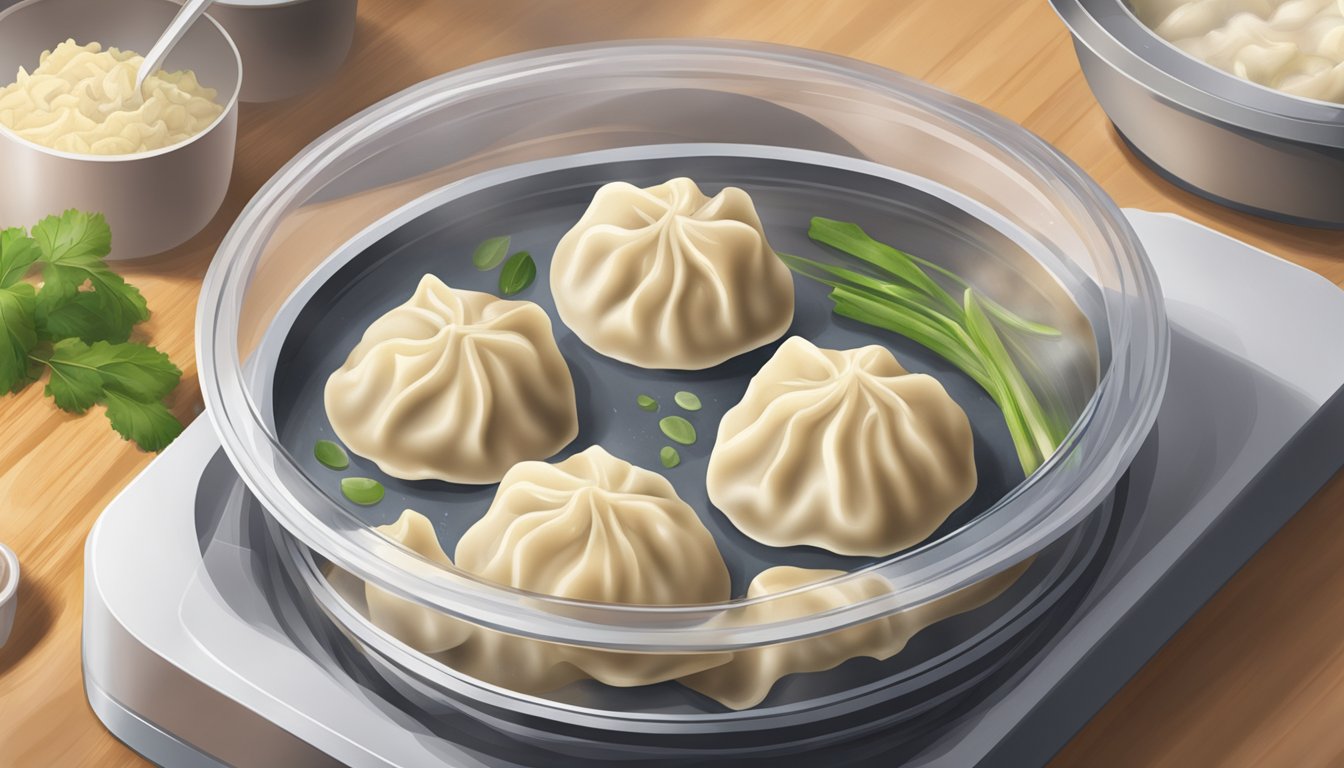 A plate of gluten-free dumplings sits on a kitchen counter, covered with a clear lid. The dumplings are fresh and steaming, with visible steam rising from them