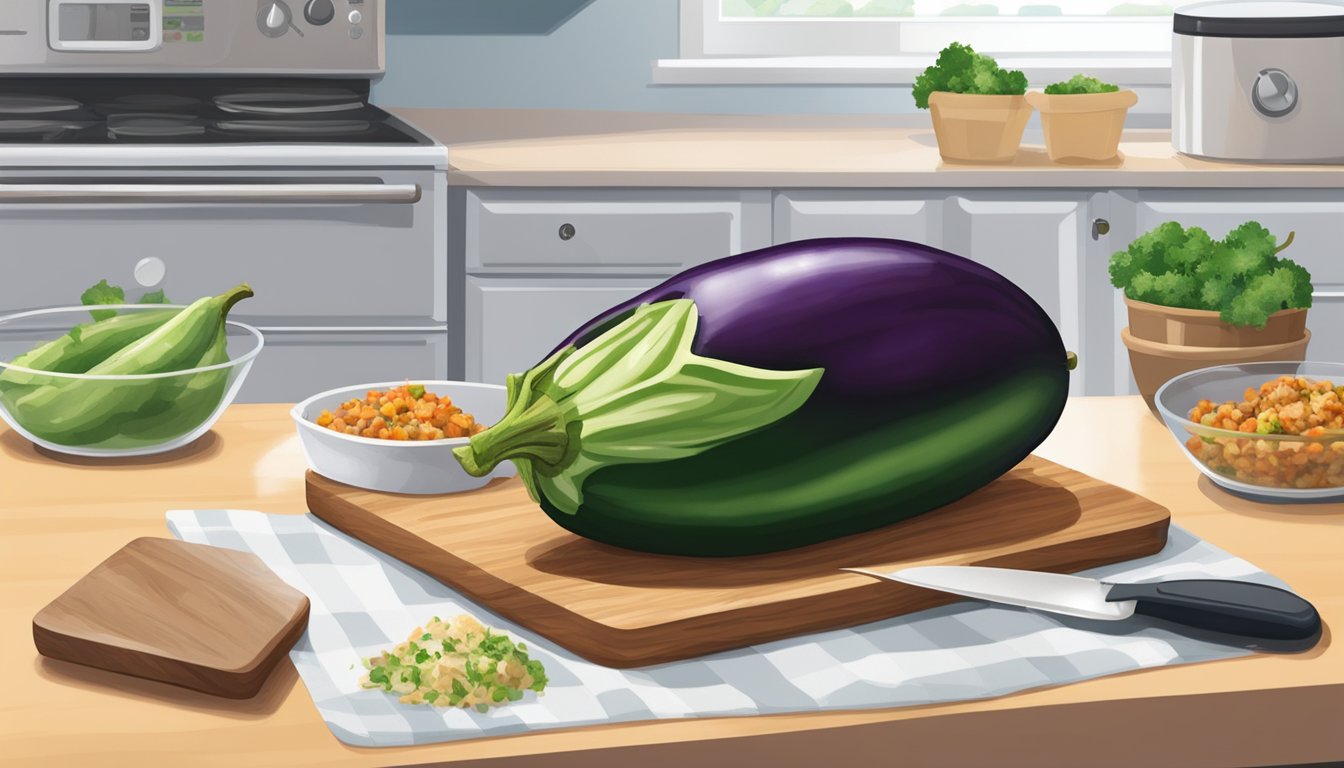 An eggplant boat sits on a cutting board, filled with gluten-free stuffing. Airtight containers and a fridge are nearby