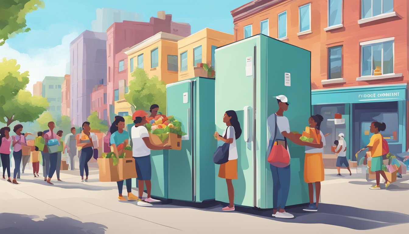 A colorful community fridge stands against a backdrop of diverse buildings, surrounded by people dropping off and picking up food donations