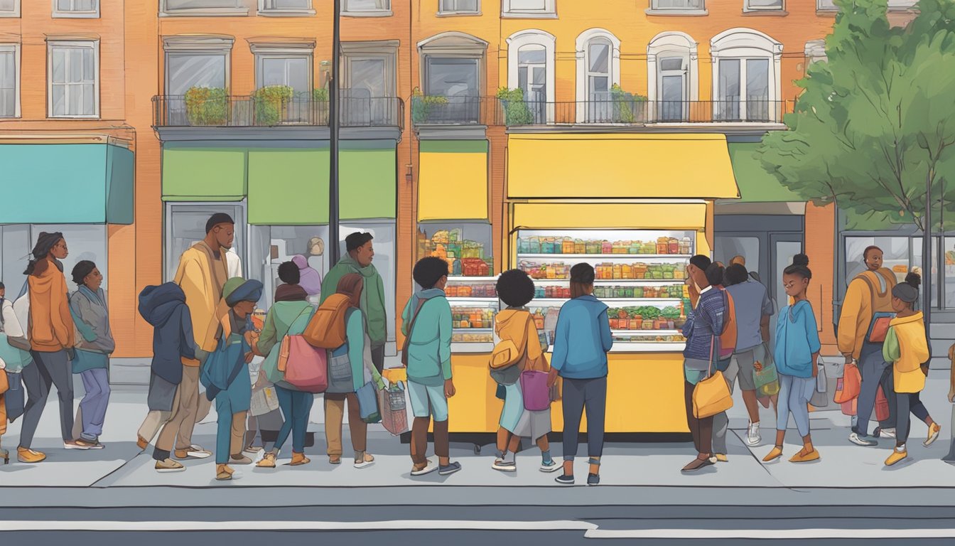 A bustling city street with a colorful community fridge surrounded by diverse individuals donating and taking food items