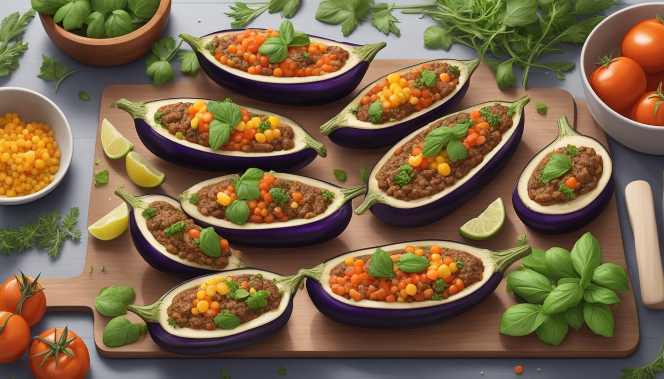 Eggplant boats filled with gluten-free meal prep ingredients, arranged on a wooden cutting board with fresh herbs and spices in the background