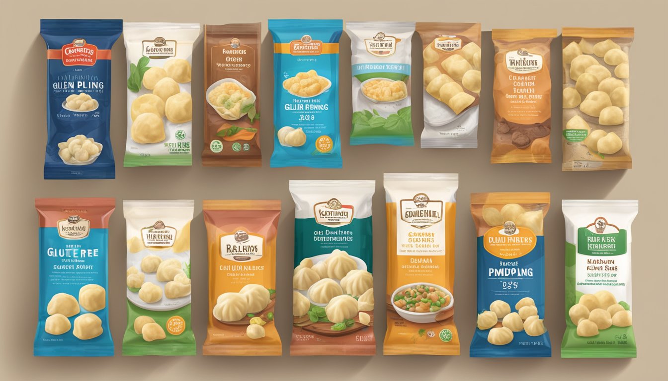 A pantry shelf with a variety of gluten-free dumplings in sealed packages, with expiration dates clearly visible