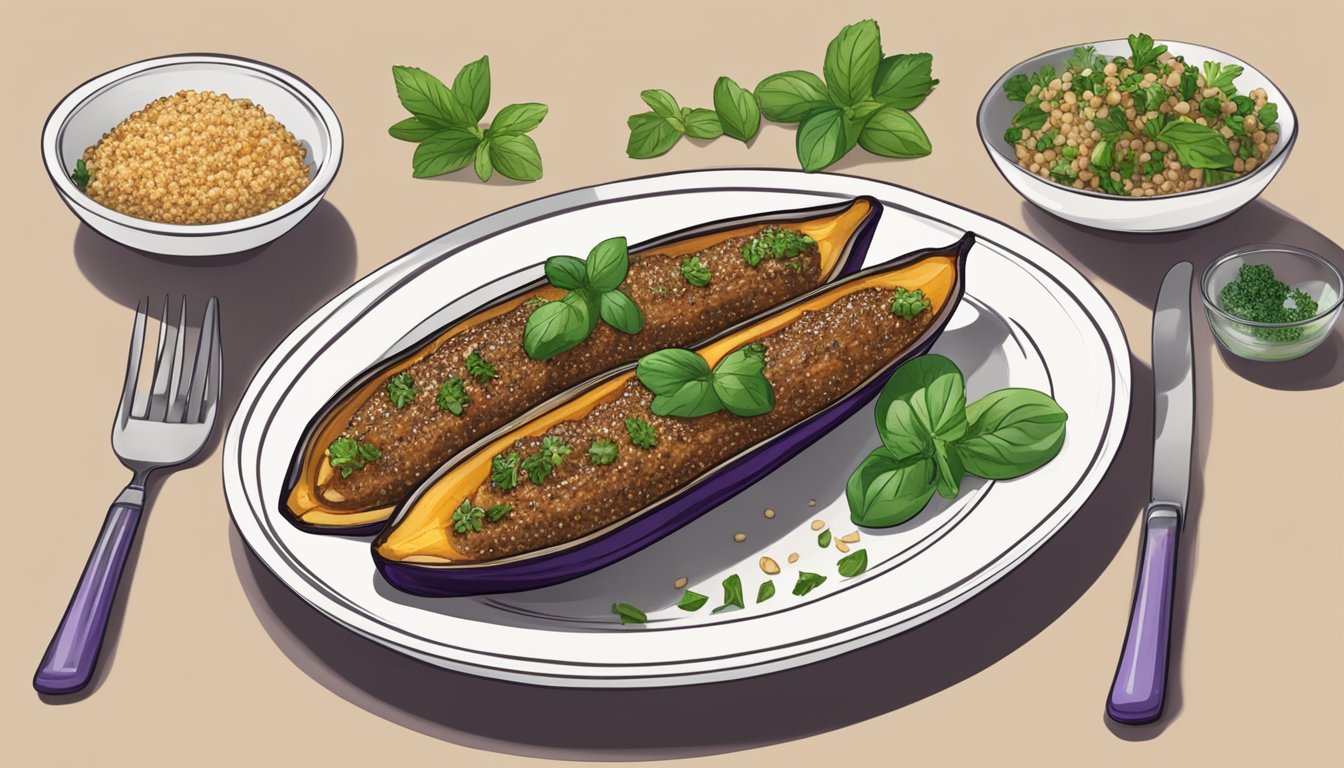 A table setting with a plate of gluten-free eggplant boats, garnished with fresh herbs and served with a side of quinoa salad