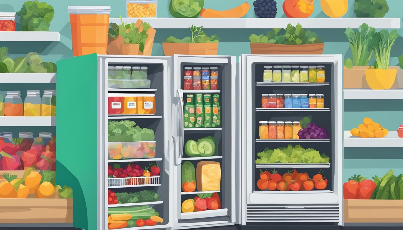 A colorful local community fridge in Plano, TX, adorned with vibrant artwork and filled with fresh produce and canned goods