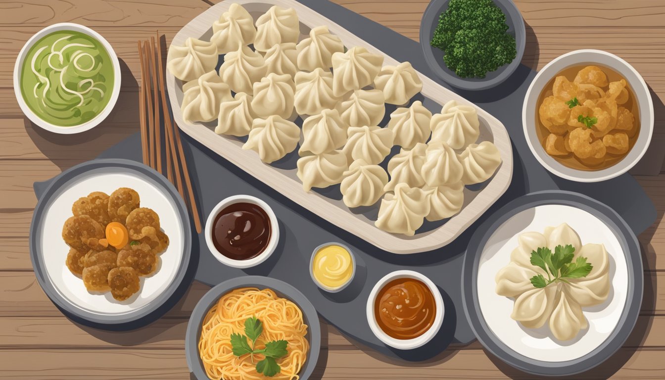 A plate of gluten-free dumplings with assorted accompaniments, including dipping sauces and garnishes, arranged neatly on a wooden serving platter