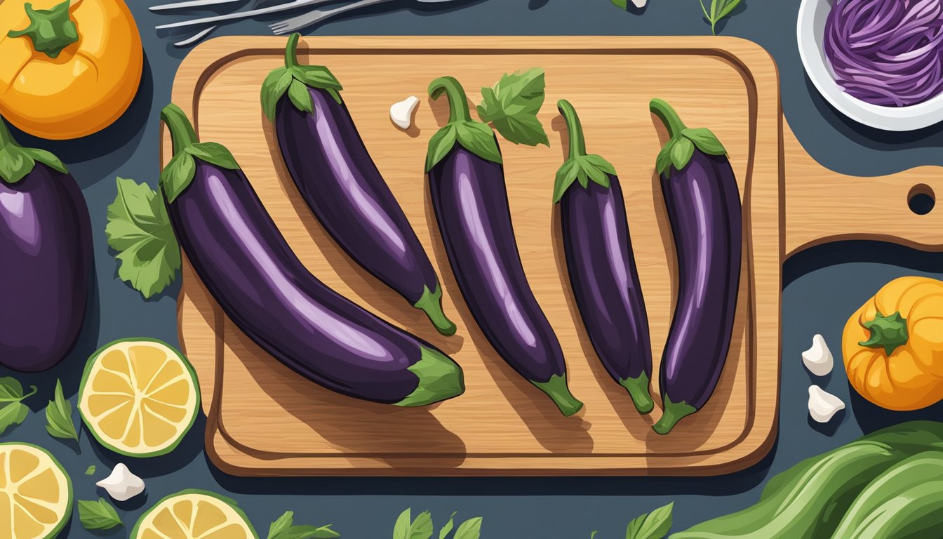 A row of gluten-free eggplant boats on a wooden cutting board, surrounded by fresh ingredients and kitchen utensils