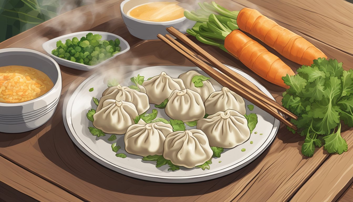 A plate of gluten-free dumplings sits on a wooden table, surrounded by fresh vegetables. The dumplings appear steaming and inviting, with a hint of steam rising from them