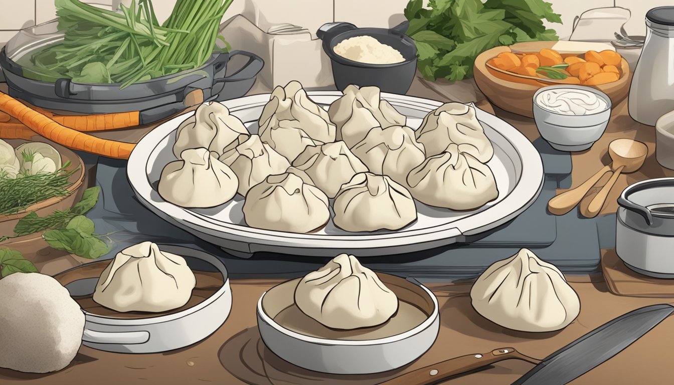 A plate of gluten-free dumplings sits on a kitchen counter, surrounded by various cooking utensils and ingredients. The dumplings appear fresh and are waiting to be cooked