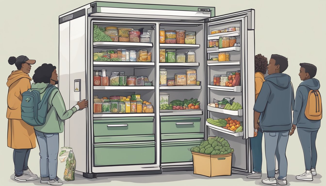 A community fridge in Spokane Valley, WA filled with fresh produce and non-perishable items, surrounded by a diverse group of people accessing and donating food