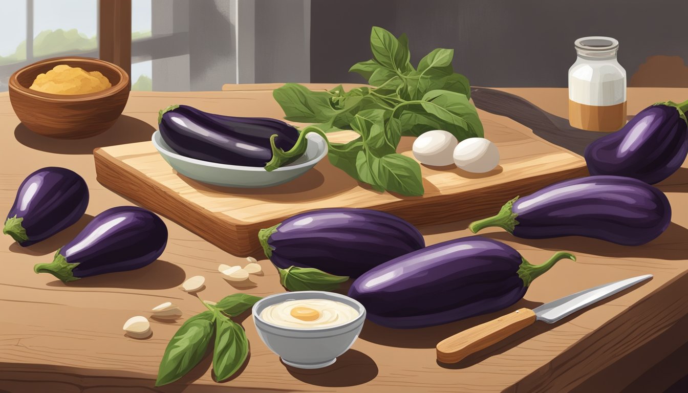 A rustic Italian kitchen with a wooden cutting board, fresh eggplants, and a bowl of gluten-free ingredients