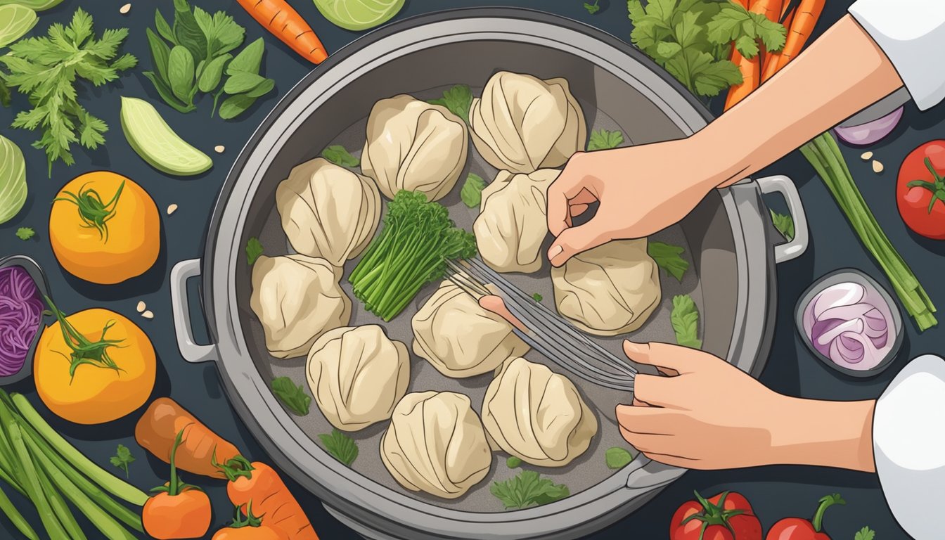 A steaming pot of gluten-free dumplings, surrounded by colorful vegetables and herbs, with a chef's hands expertly folding the delicate dough