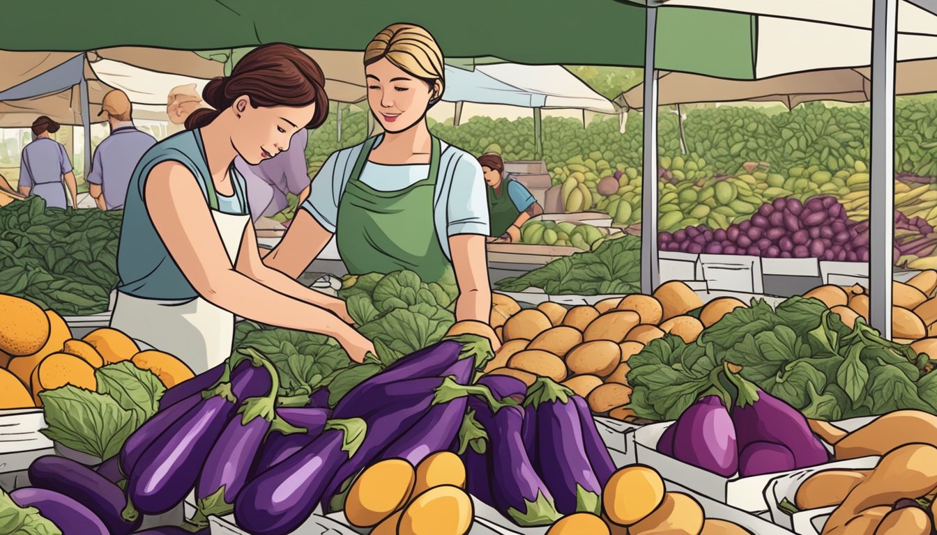 A woman selects fresh eggplants and gluten-free ingredients at a bustling farmer's market