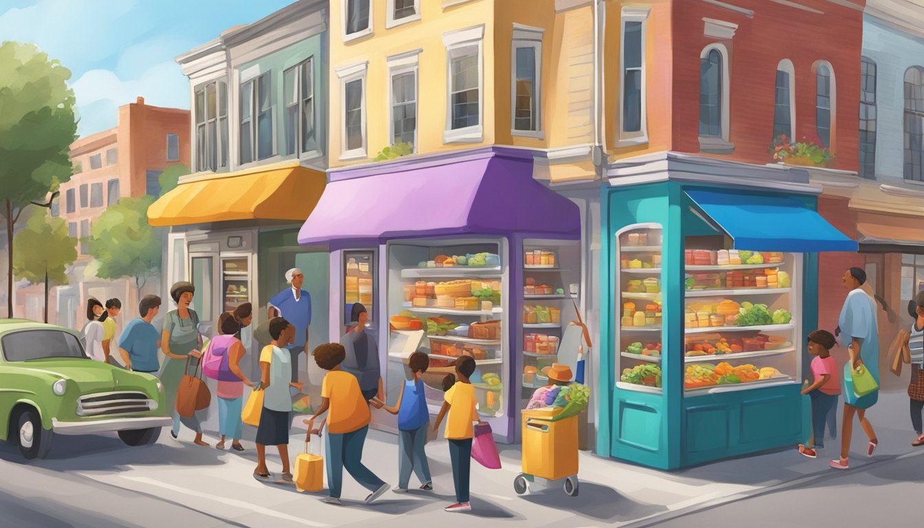 A bustling street corner with a colorful, decorated refrigerator filled with various food items. People of all ages and backgrounds are seen approaching and adding items to the fridge