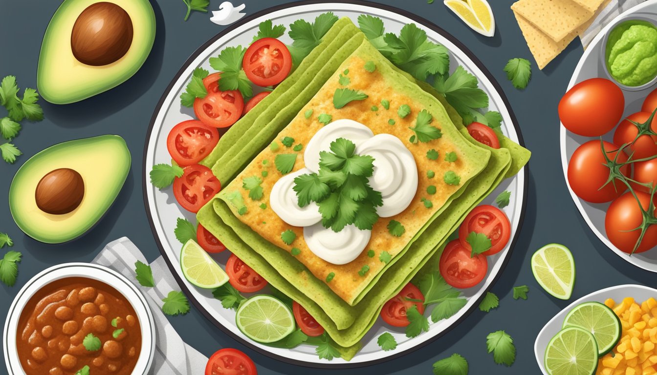 A colorful plate of gluten-free enchiladas surrounded by fresh ingredients like tomatoes, cilantro, and avocado