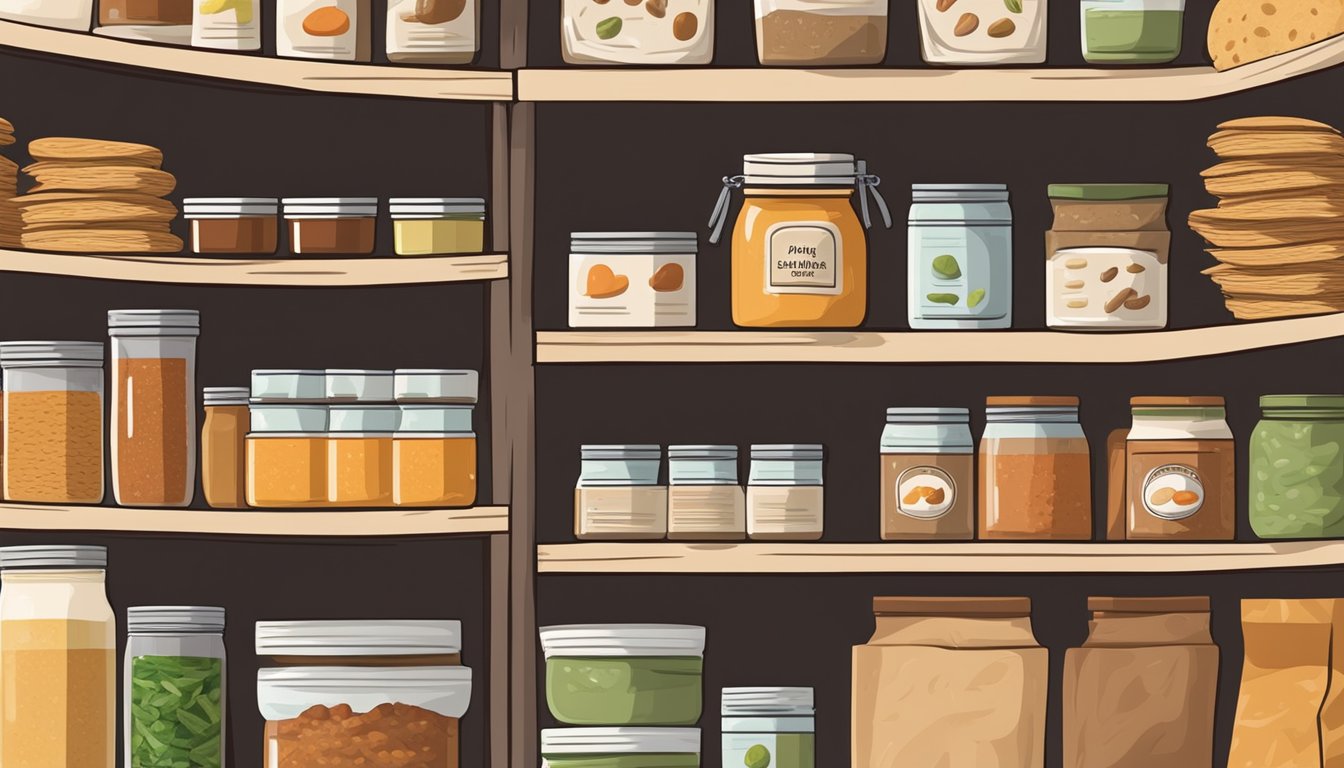 A pantry with neatly organized shelves of canned goods and dry ingredients, including a stack of gluten-free tortillas and a jar of enchilada sauce