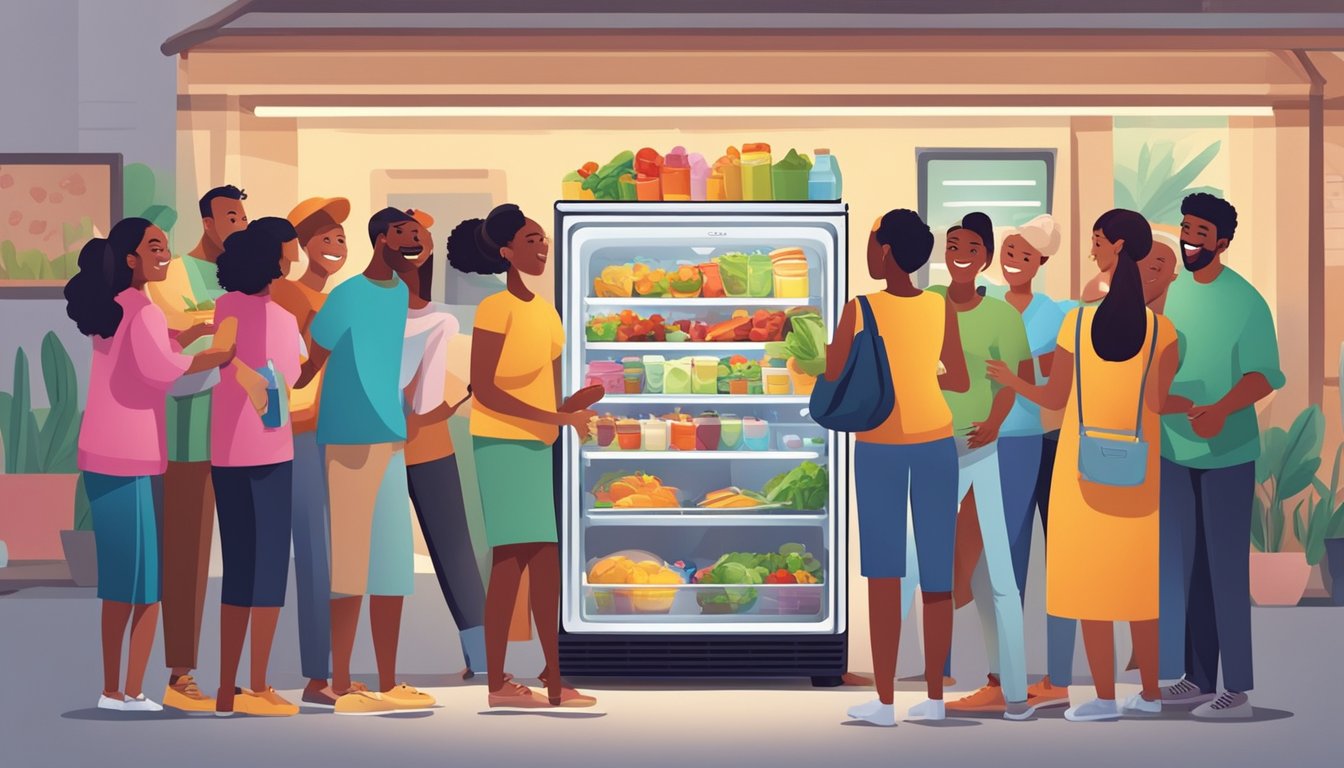 A diverse group of people in a bustling community gather around a brightly decorated refrigerator, exchanging food and goods with smiles and laughter