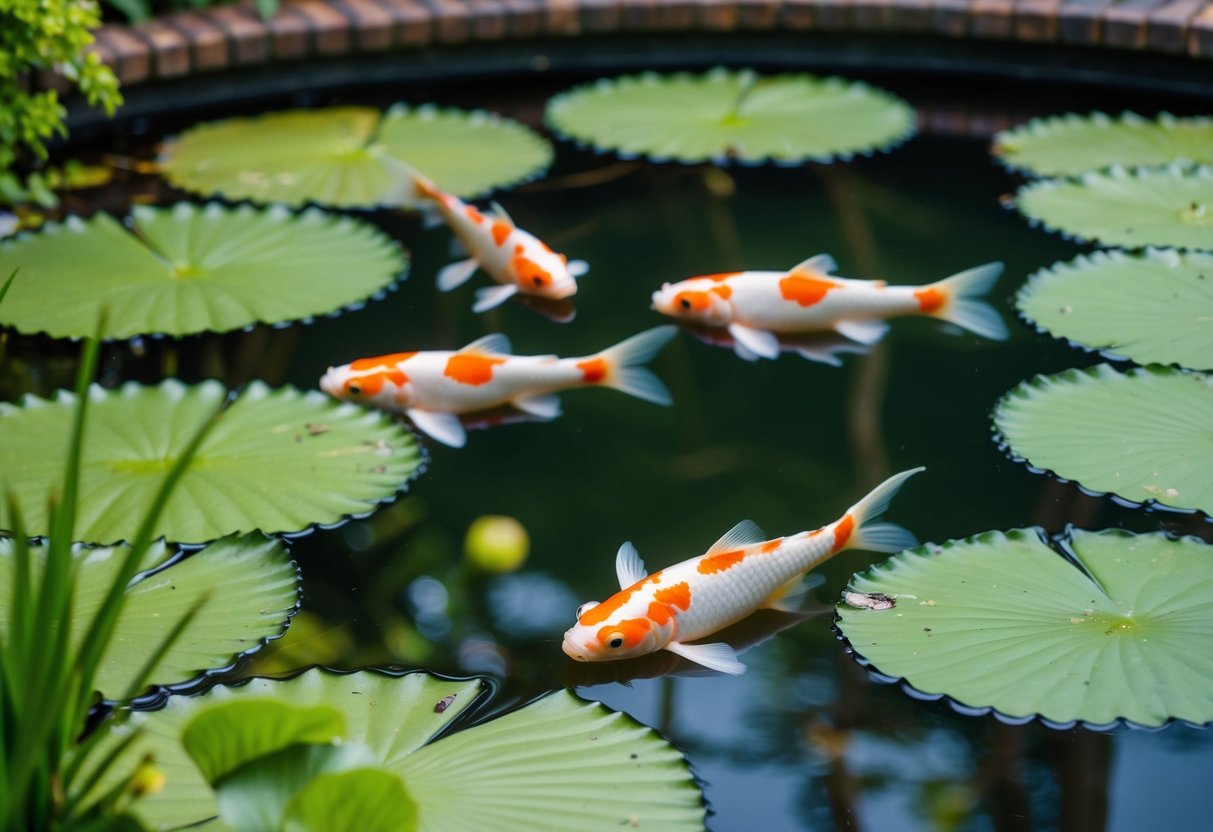 A garden pond with koi fish swimming among lily pads, showing signs of common diseases like white spots or fin rot