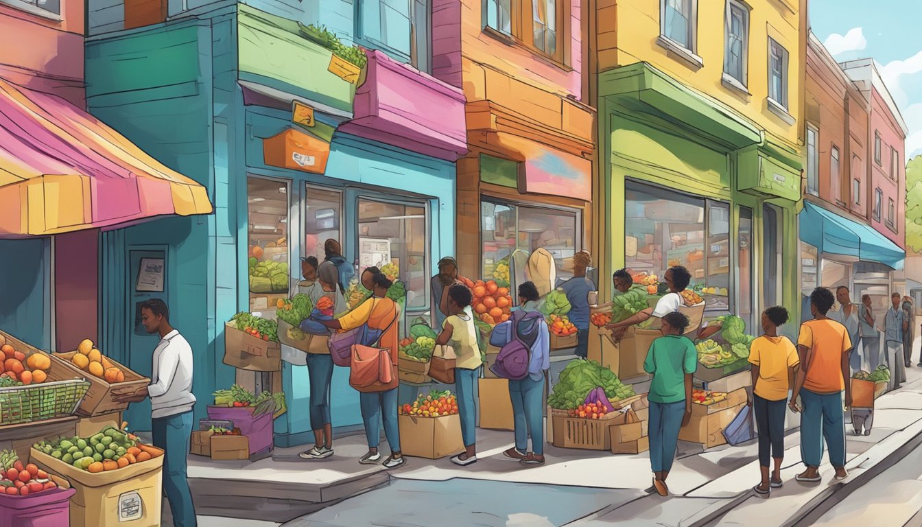 A bustling street corner with a colorful, graffiti-covered fridge filled with fresh produce and canned goods. People from the community are seen taking items from and adding items to the fridge