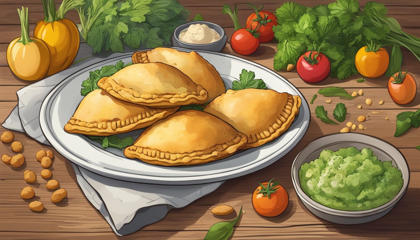 A plate of gluten-free empanadas sits on a rustic wooden table, surrounded by colorful fresh vegetables and herbs. The empanadas are golden brown and crispy, with steam rising from the flaky crust