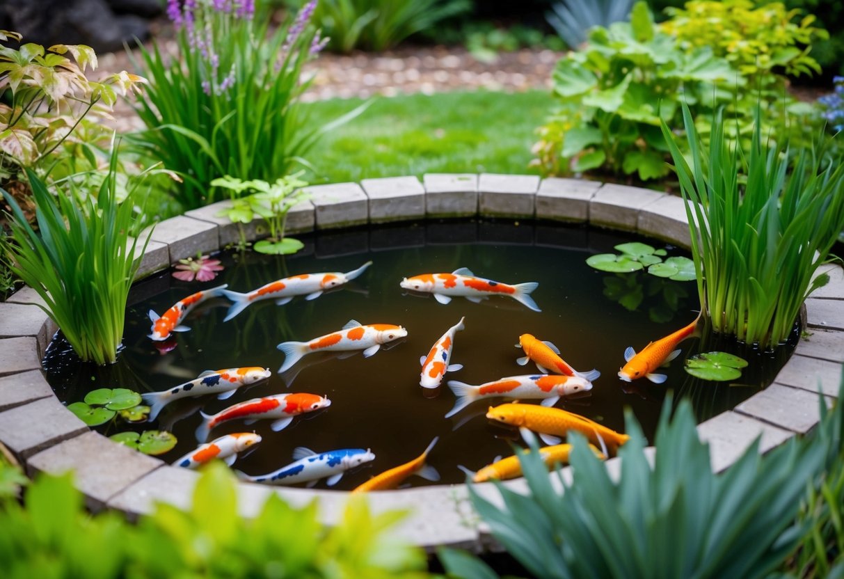 A serene garden pond with colorful koi fish swimming among aquatic plants, surrounded by a peaceful and natural environment