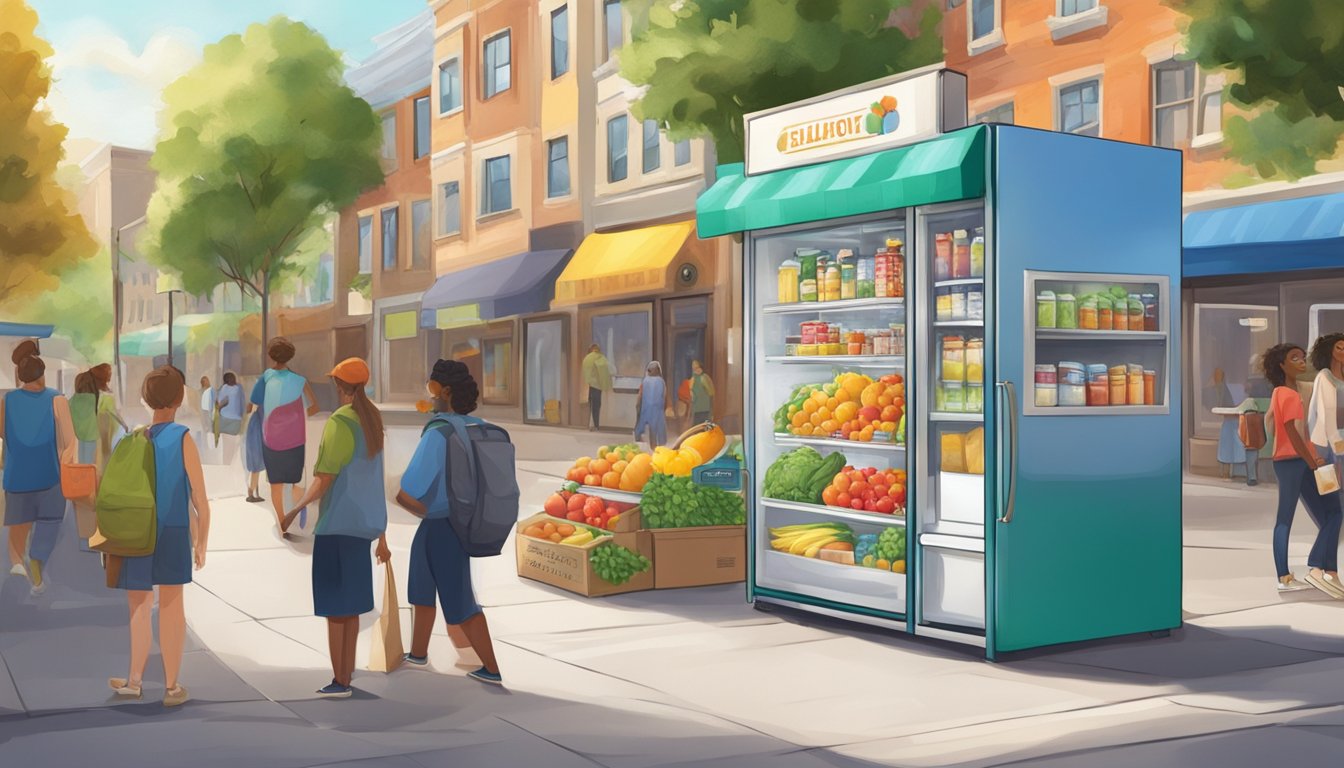 A colorful community fridge stands on a sidewalk, surrounded by diverse buildings and people. It is filled with fresh produce and packaged goods, welcoming all to take what they need