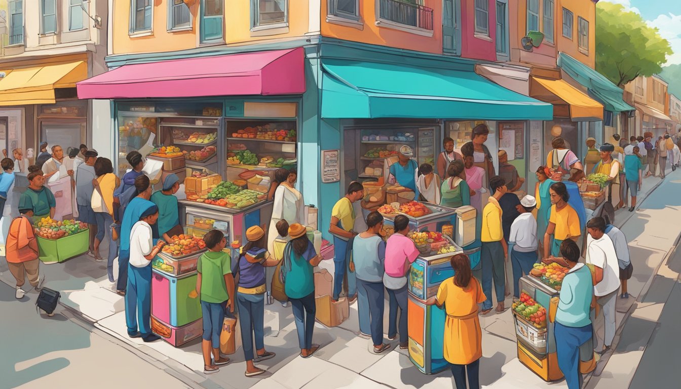 A colorful, bustling street scene with a small, brightly painted fridge surrounded by people exchanging food and goods