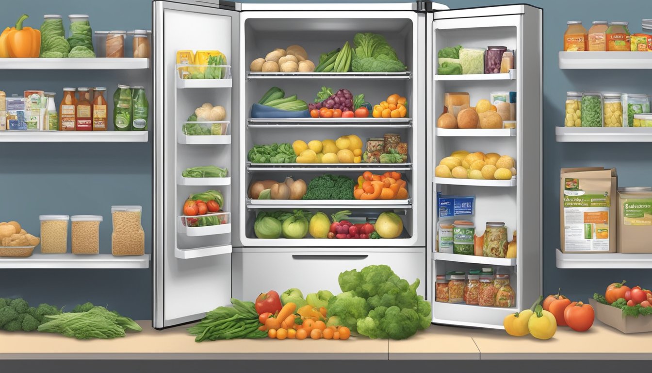 A bustling local community fridge in Spokane Valley, WA, filled with fresh produce and essential items, surrounded by educational outreach and program materials