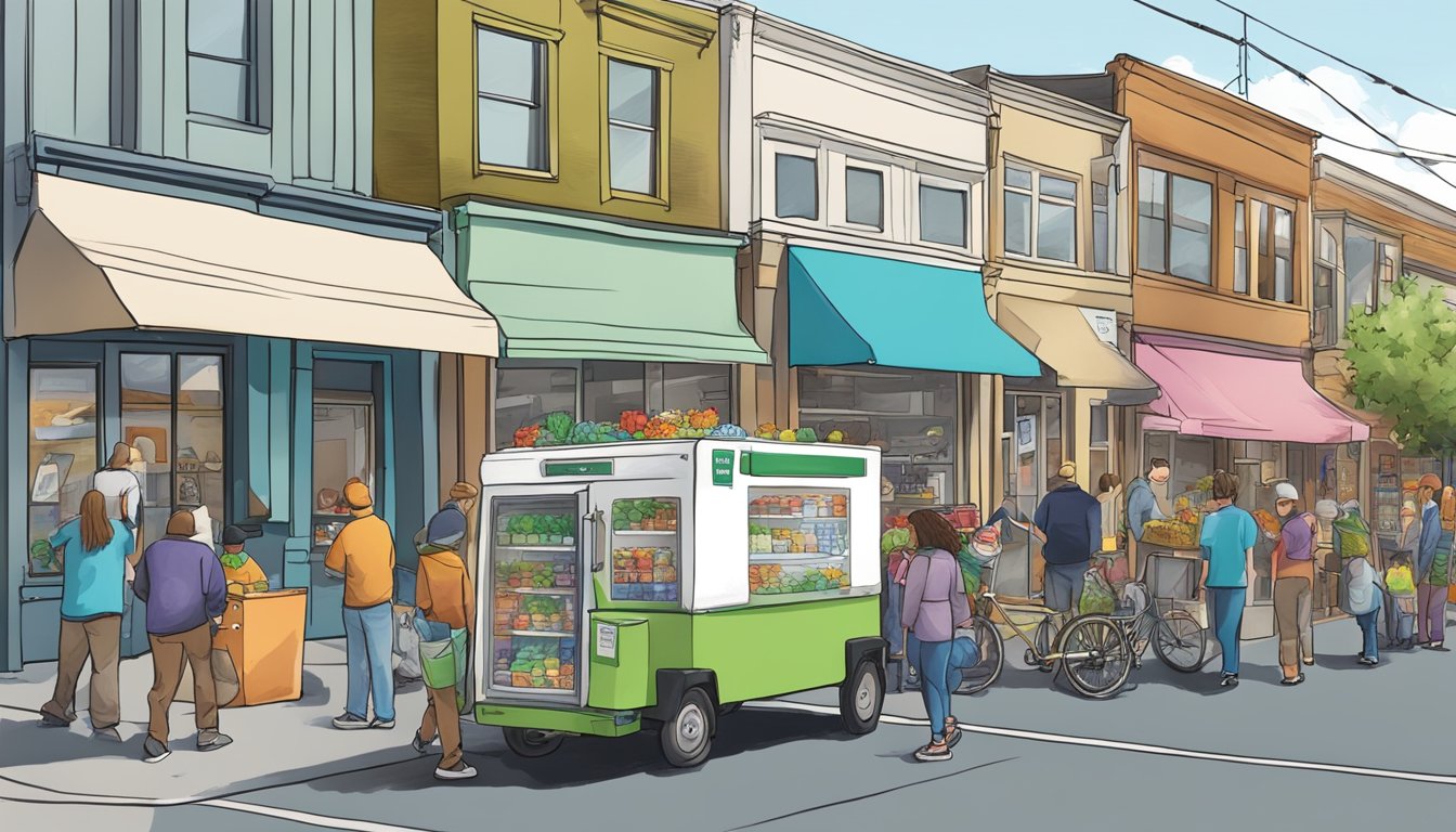 A bustling street in Kent, WA with a colorful community fridge being set up by a group of volunteers