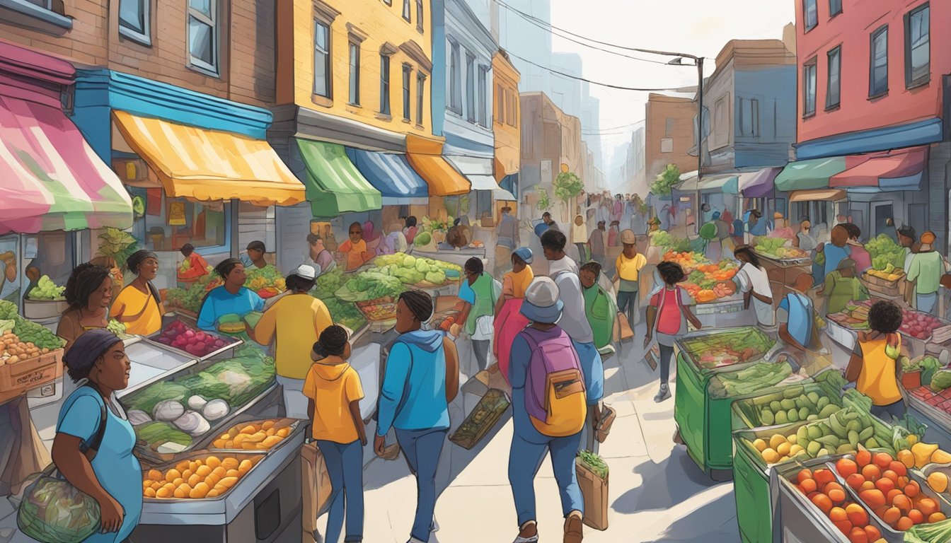 A bustling city street with a colorful, graffiti-covered refrigerator filled with fresh produce and food items. People from the community come and go, taking what they need and leaving donations