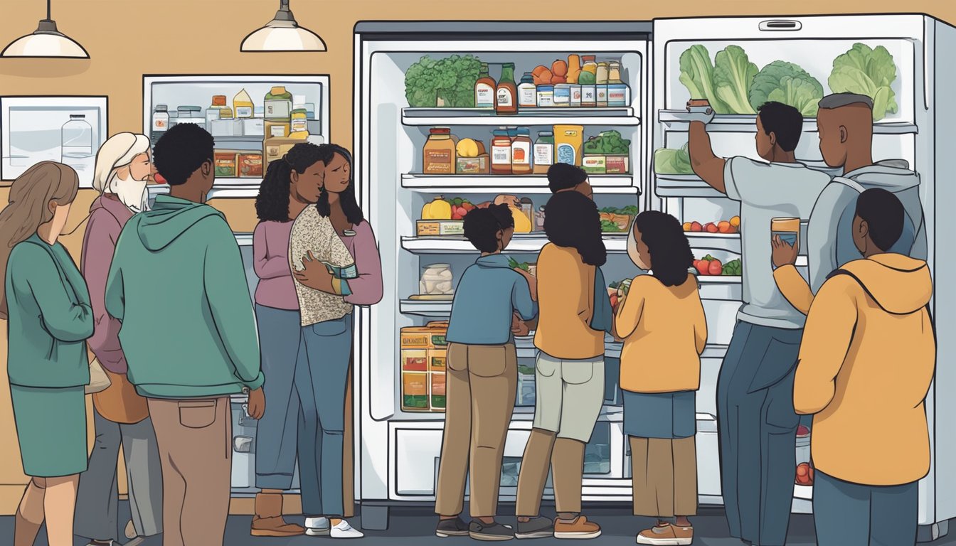 A diverse group of people in Spokane Valley, WA come together to stock and use a community fridge, symbolizing unity and addressing food insecurity challenges