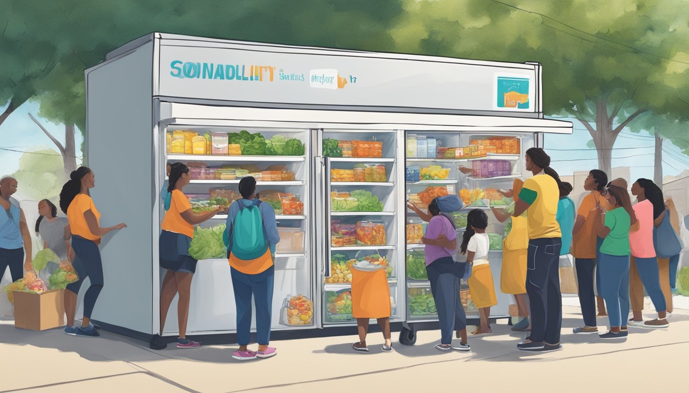 A vibrant community fridge surrounded by people donating and taking food in San Antonio, TX