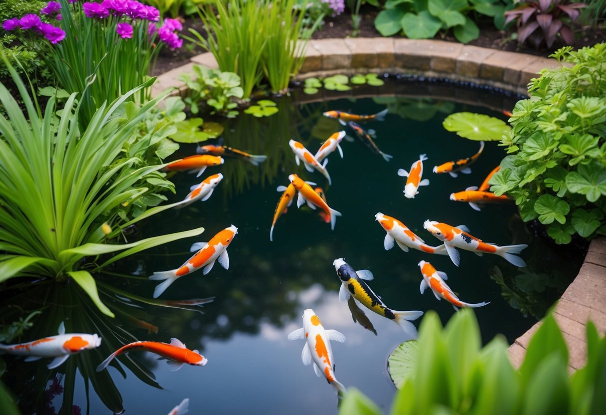 A serene garden pond with colorful koi fish swimming among lush aquatic plants, showing signs of non-infectious health issues