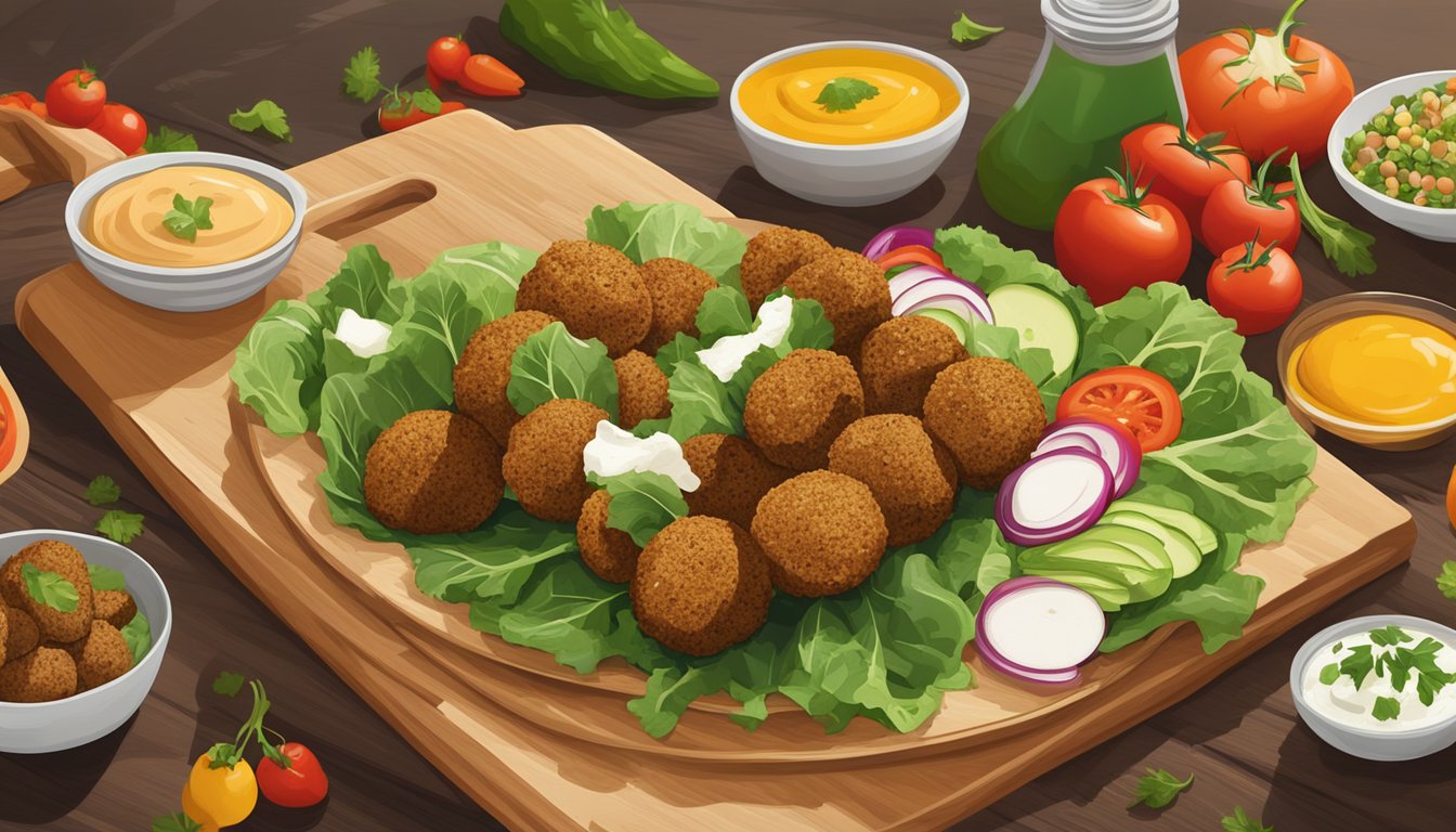 A colorful array of fresh ingredients and gluten-free falafel wraps neatly arranged on a wooden cutting board, with a vibrant mix of vegetables and condiments in the background