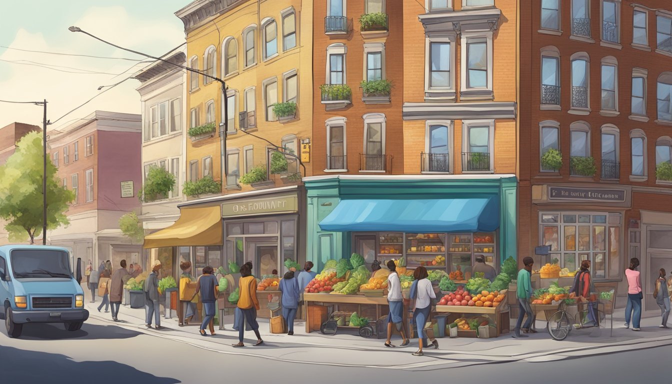 A bustling street corner with colorful community fridges stocked with fresh produce and pantry items, surrounded by diverse community members coming and going