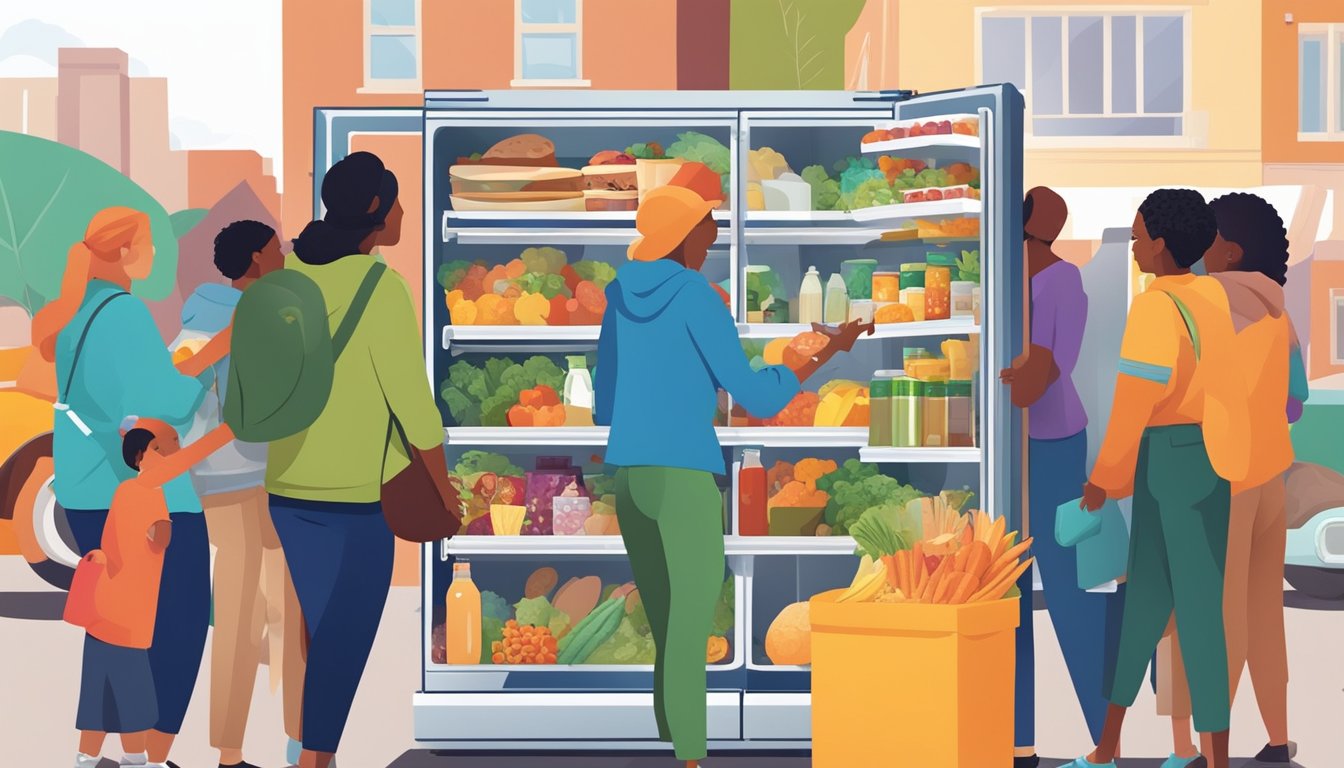 A person placing food in a colorful, outdoor community fridge surrounded by a diverse group of people accessing and adding items