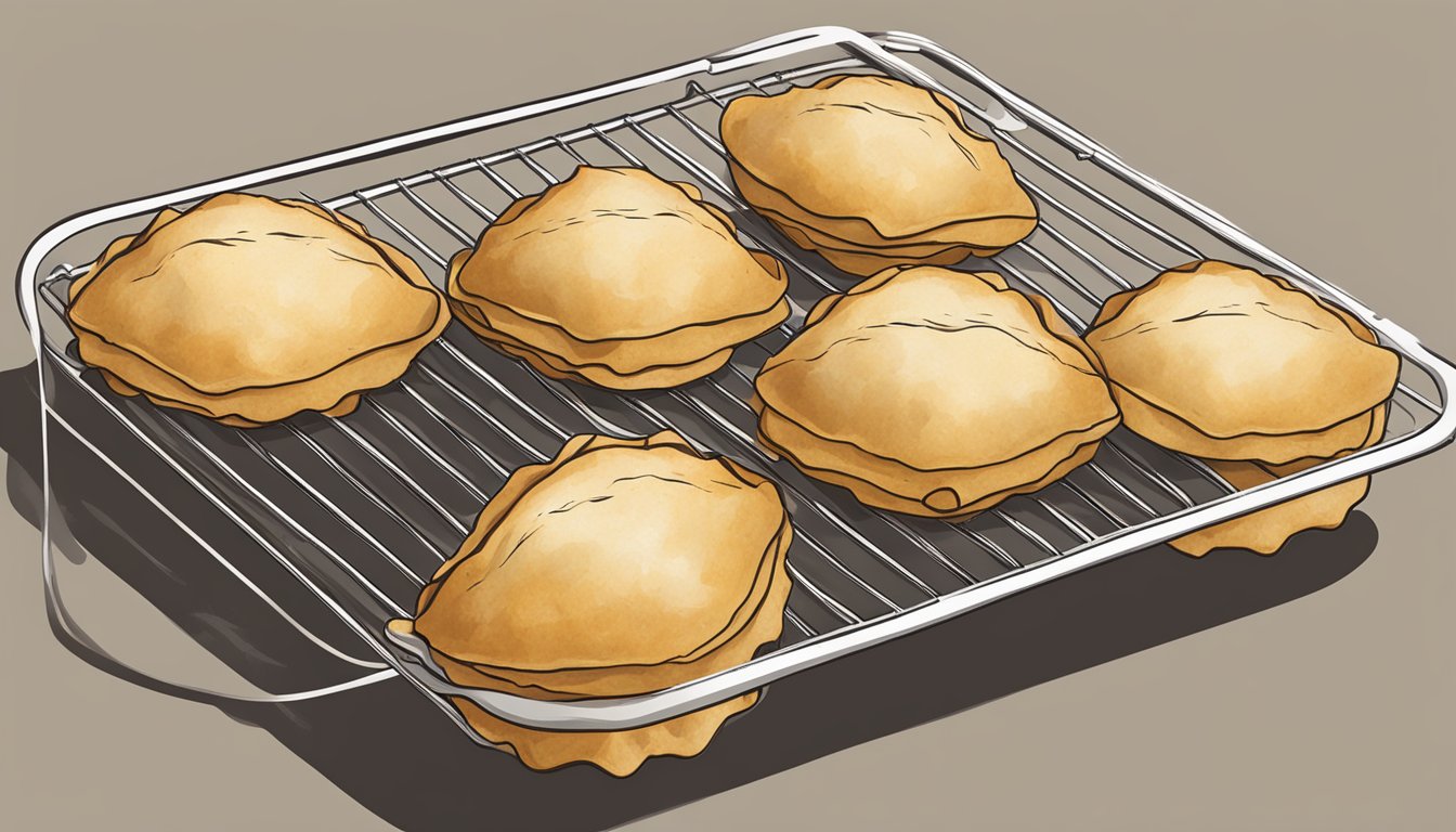 A batch of gluten-free empanadas cooling on a wire rack, with a few wrapped in parchment paper and stored in an airtight container