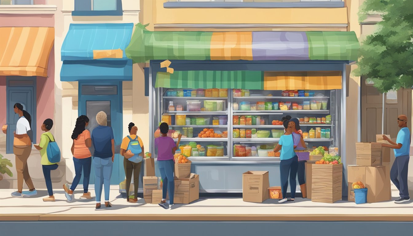 A bustling street scene with people donating food and supplies to a brightly decorated community fridge in San Antonio, Texas